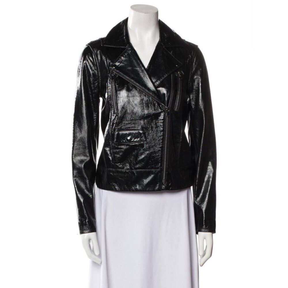 Frame Authentic Solid Black Shine Genuine Lamb Leather Biker Moto Jacket Small